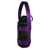 A product photo of a bottle sling made from 1" purple polyester webbing with black stitching on a 32 oz nalgene water bottle