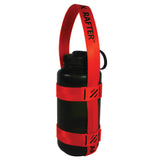 A product photo of a bottle sling made from 1" red orange polyester webbing with black stitching on a 32 oz nalgene water bottle