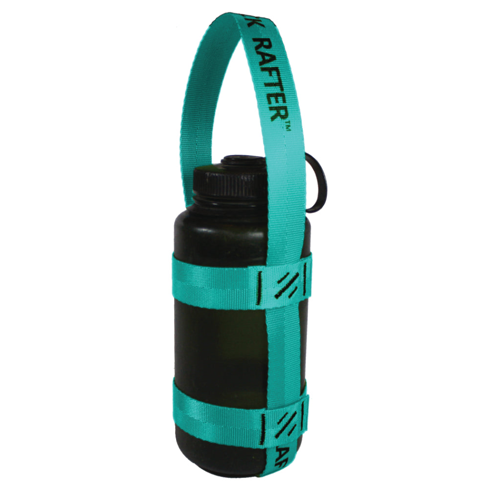 A product photo of a bottle sling made from 1" teal polyester webbing with black stitching on a 32 oz nalgene water bottle