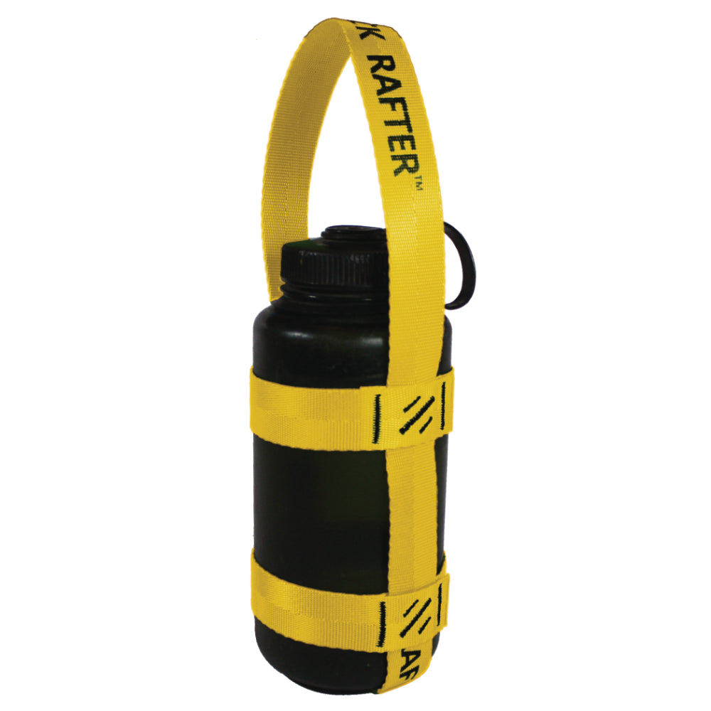 A product photo of a bottle sling made from 1" yellow polyester webbing with black stitching on a 32 oz nalgene water bottle