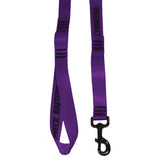 Detail product photo of a purple colored dog leash showing the handle, dog snap, and sewn grab handle