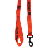 Detail product photo of a red-orange colored dog leash showing the handle, dog snap, and sewn grab handle