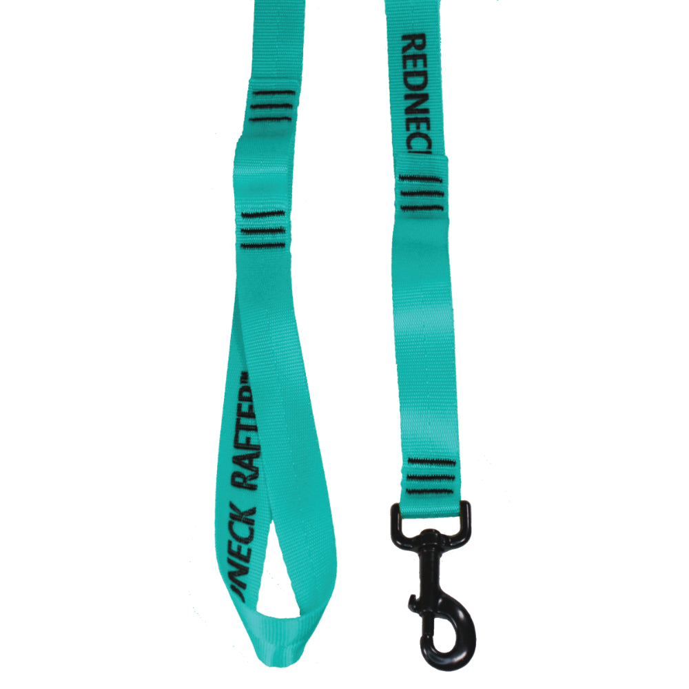 Detail product photo of a teal colored dog leash showing the handle, dog snap, and sewn grab handle