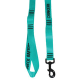Detail product photo of a teal colored dog leash showing the handle, dog snap, and sewn grab handle