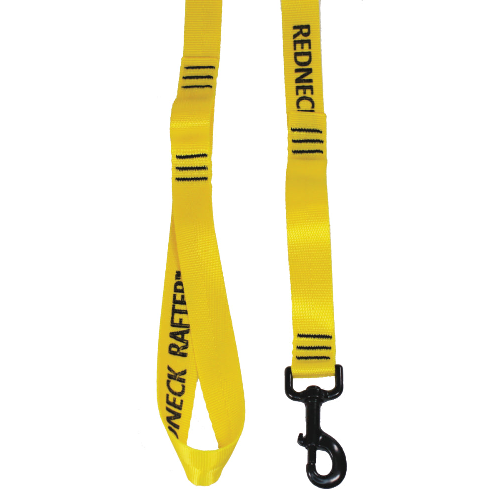 Detail product photo of a yellow colored dog leash showing the handle, dog snap, and sewn grab handle