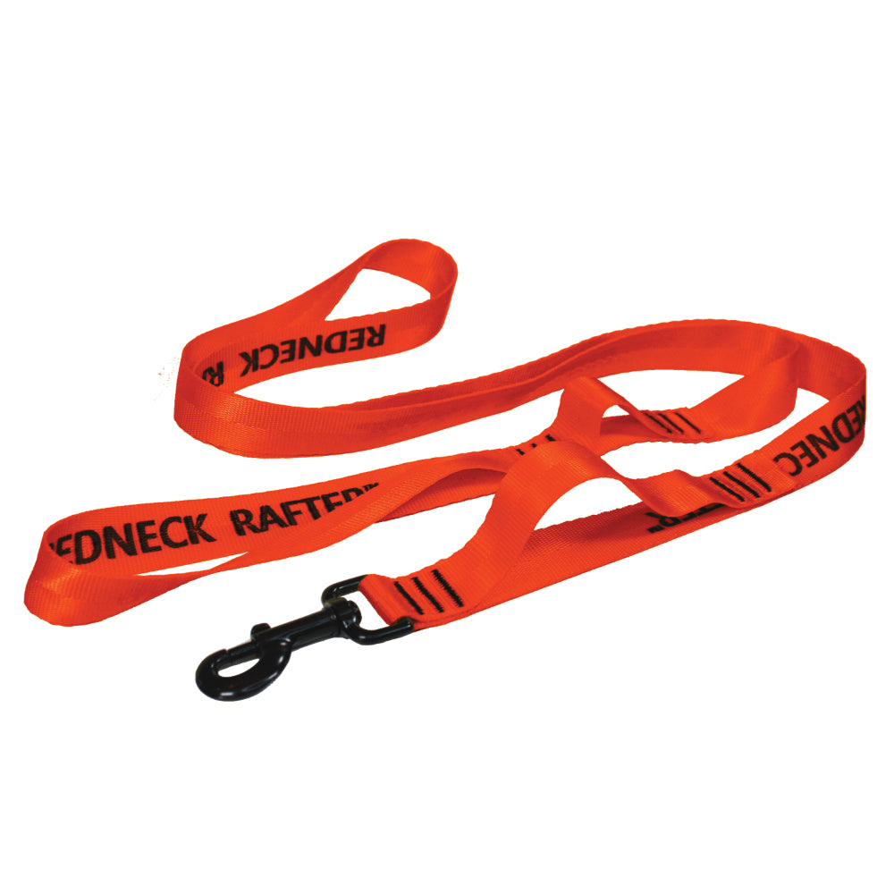Product photo of a red-orange colored dog leash showing the handle, dog snap, and sewn grab handle