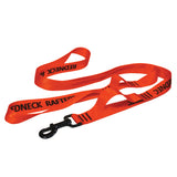 Product photo of a red-orange colored dog leash showing the handle, dog snap, and sewn grab handle