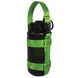 A product photo of a bottle sling made from 1" lime green polyester webbing with black stitching and heavy duty black side release buckle on handle on a 32 oz nalgene water bottle