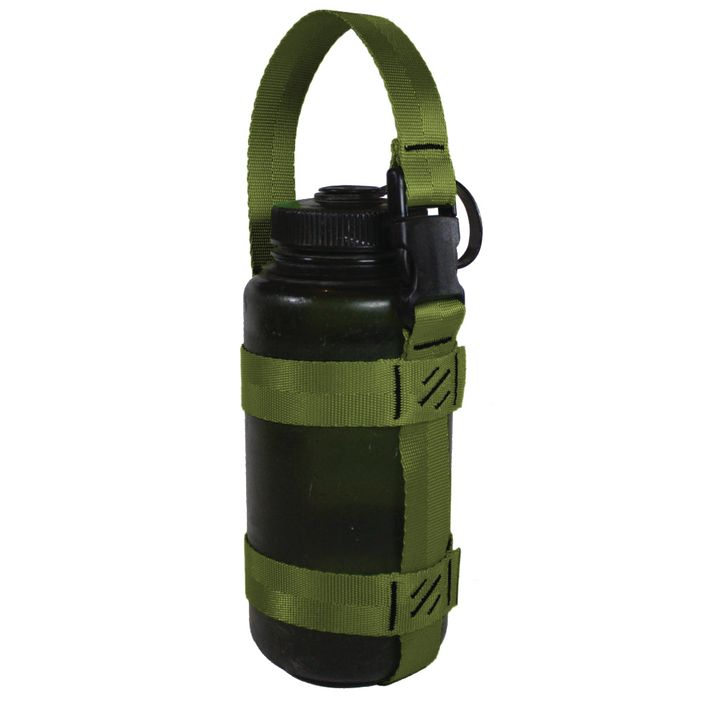 A product photo of a bottle sling made from 1" olive drab polyester webbing with black stitching and heavy duty black side release buckle on handle on a 32 oz nalgene water bottle