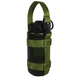 A product photo of a bottle sling made from 1" olive drab polyester webbing with black stitching and heavy duty black side release buckle on handle on a 32 oz nalgene water bottle