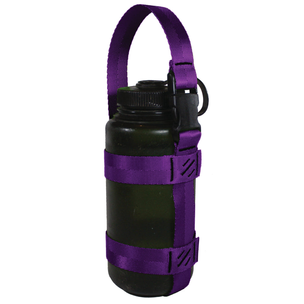 A product photo of a bottle sling made from 1" purple polyester webbing with black stitching and heavy duty black side release buckle on handle on a 32 oz nalgene water bottle