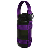 A product photo of a bottle sling made from 1" purple polyester webbing with black stitching and heavy duty black side release buckle on handle on a 32 oz nalgene water bottle