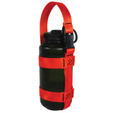 A product photo of a bottle sling made from 1" red orange polyester webbing with black stitching and heavy duty black side release buckle on handle on a 32 oz nalgene water bottle