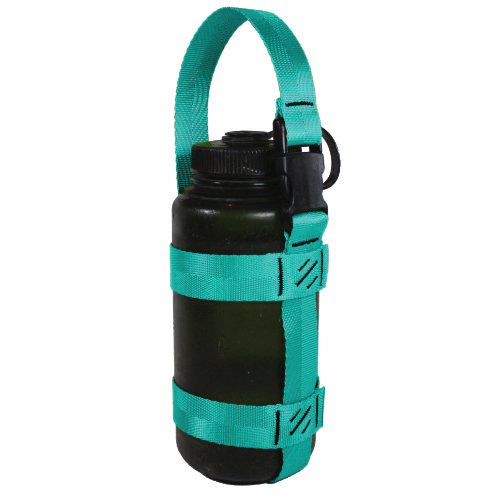 A product photo of a bottle sling made from 1" teal polyester webbing with black stitching and heavy duty black side release buckle on handle on a 32 oz nalgene water bottle