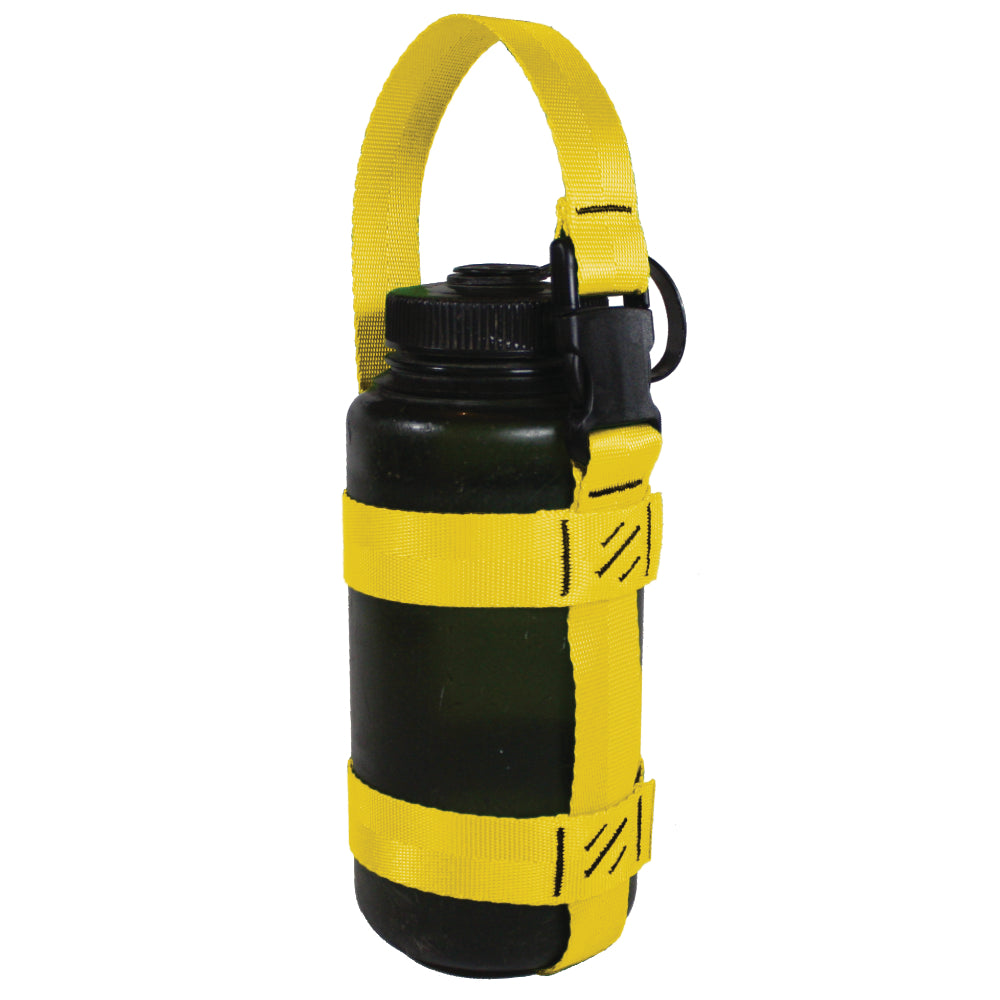 A product photo of a bottle sling made from 1" yellow polyester webbing with black stitching and heavy duty black side release buckle on handle on a 32 oz nalgene water bottle