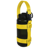 A product photo of a bottle sling made from 1" yellow polyester webbing with black stitching and heavy duty black side release buckle on handle on a 32 oz nalgene water bottle