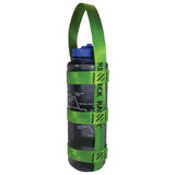 A product photo of a bottle sling made from 1" lime green polyester webbing with black stitching on a 48 oz nalgene water bottle