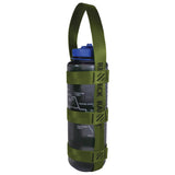 A product photo of a bottle sling made from 1" olive drab polyester webbing with black stitching on a 48 oz nalgene water bottle