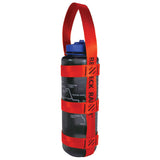 A product photo of a bottle sling made from 1" red orange polyester webbing with black stitching on a 48 oz nalgene water bottle