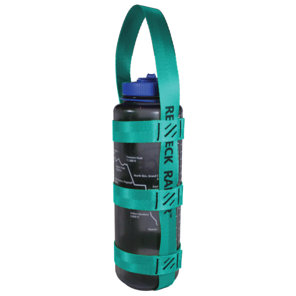 A product photo of a bottle sling made from 1" teal polyester webbing with black stitching on a 48 oz nalgene water bottle