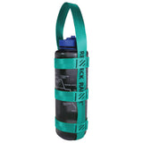 A product photo of a bottle sling made from 1" teal polyester webbing with black stitching on a 48 oz nalgene water bottle