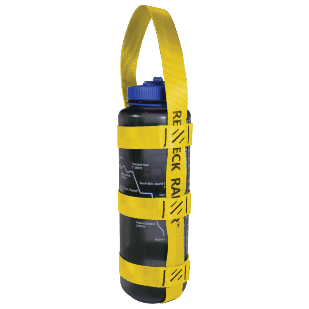 A product photo of a bottle sling made from 1" yellow polyester webbing with black stitching on a 48 oz nalgene water bottle