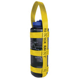A product photo of a bottle sling made from 1" yellow polyester webbing with black stitching on a 48 oz nalgene water bottle