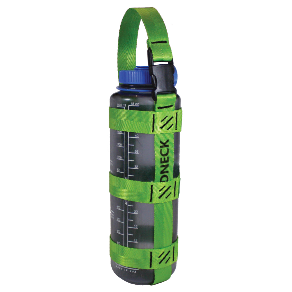 A product photo of a bottle sling made from 1" lime green polyester webbing with black stitching and heavy duty black side release buckle on handle on a 48 oz nalgene water bottle