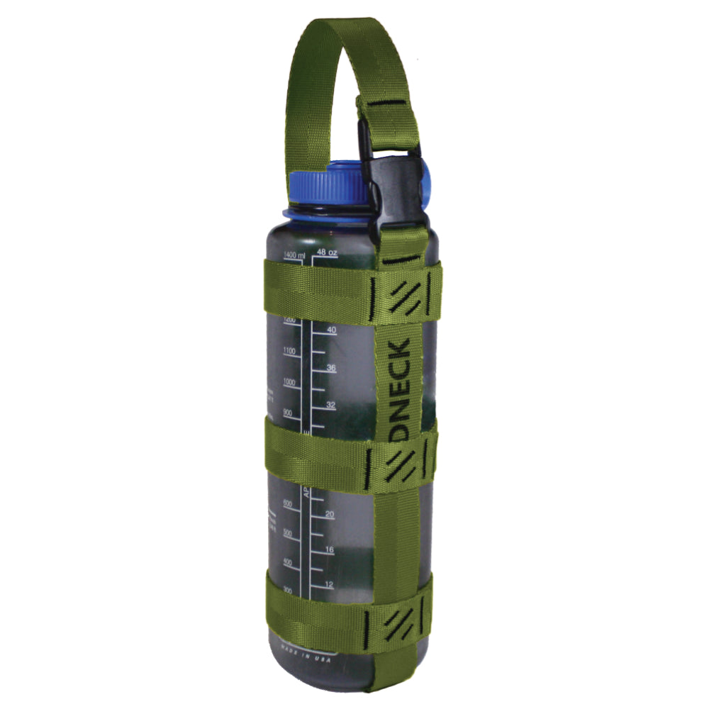 A product photo of a bottle sling made from 1" olive drab polyester webbing with black stitching and heavy duty black side release buckle on handle on a 48 oz nalgene water bottle