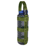 A product photo of a bottle sling made from 1" olive drab polyester webbing with black stitching and heavy duty black side release buckle on handle on a 48 oz nalgene water bottle