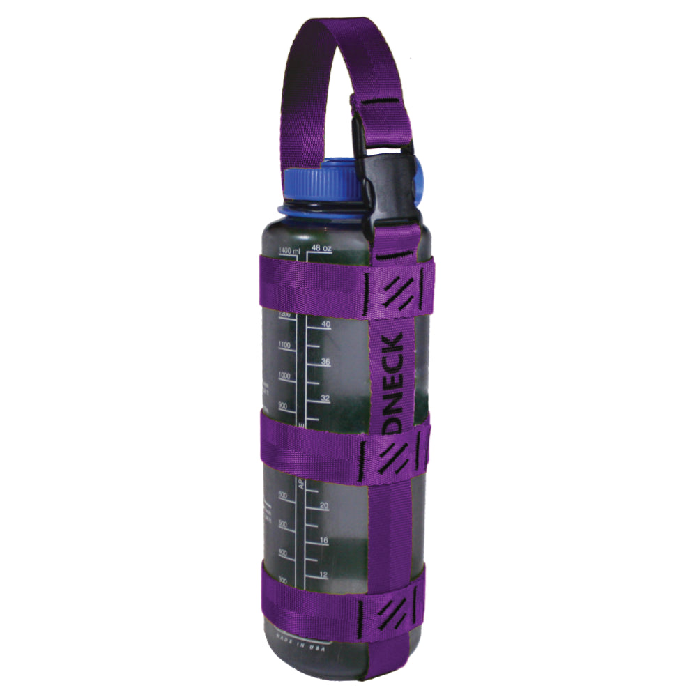 A product photo of a bottle sling made from 1" purple polyester webbing with black stitching and heavy duty black side release buckle on handle on a 48 oz nalgene water bottle