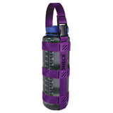 A product photo of a bottle sling made from 1" purple polyester webbing with black stitching and heavy duty black side release buckle on handle on a 48 oz nalgene water bottle
