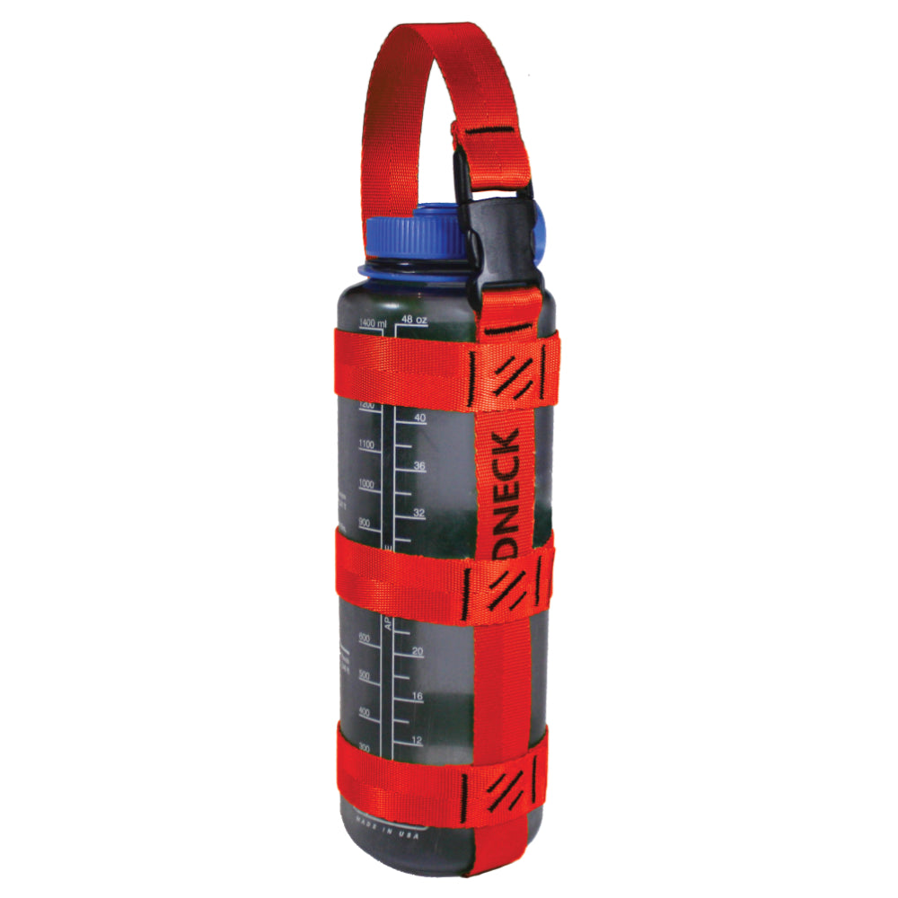 A product photo of a bottle sling made from 1" red orange polyester webbing with black stitching and heavy duty black side release buckle on handle on a 48 oz nalgene water bottle