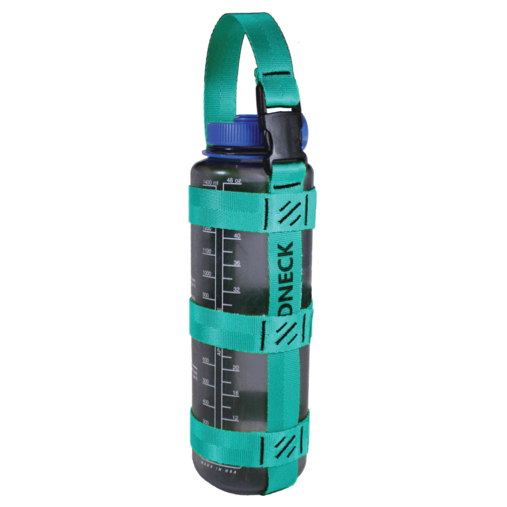 A product photo of a bottle sling made from 1" teal polyester webbing with black stitching and heavy duty black side release buckle on handle on a 48 oz nalgene water bottle