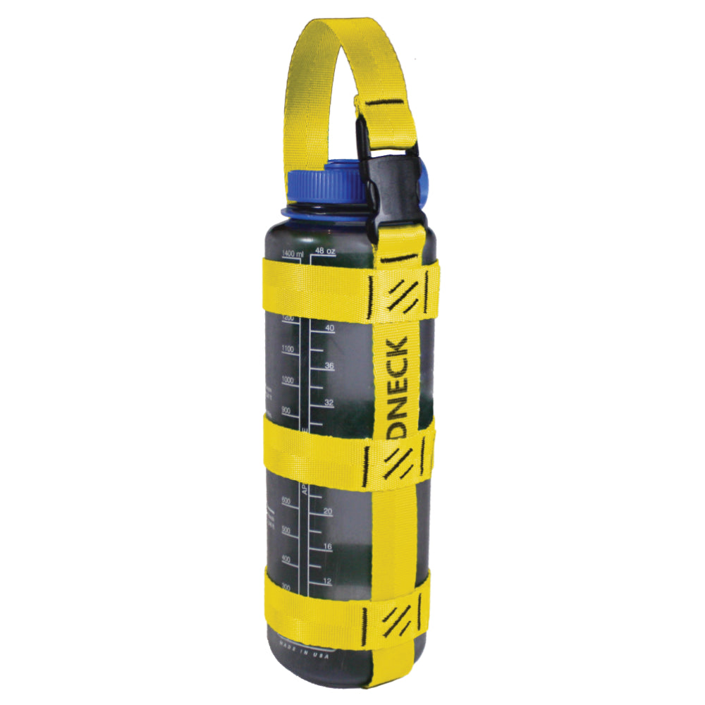 A product photo of a bottle sling made from 1" yellow polyester webbing with black stitching and heavy duty black side release buckle on handle on a 48 oz nalgene water bottle