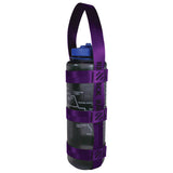A product photo of a bottle sling made from 1" purple polyester webbing with black stitching on a 48 oz nalgene water bottle