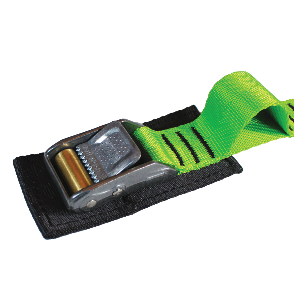 Close up product photo of a lime green tie down cam strap featuring a rollercam buckle, sewn gear loop, and buckle pad made from black seatbelt webbing.