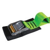 Close up product photo of a lime green tie down cam strap featuring a rollercam buckle, sewn gear loop, and buckle pad made from black seatbelt webbing.