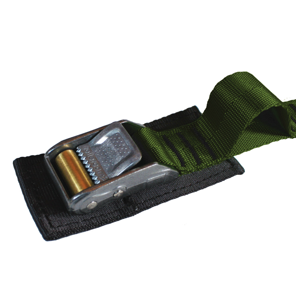 Close up product photo of olive drab tie down cam strap featuring a rollercam buckle, sewn gear loop, and buckle pad made from black seatbelt webbing.