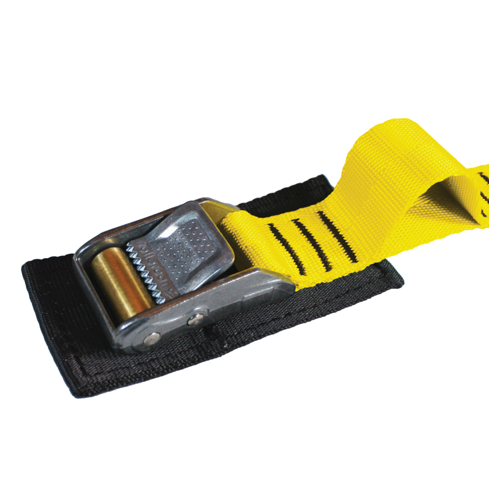 Close up product photo of a yellow tie down cam strap featuring a rollercam buckle, sewn gear loop, and buckle pad made from black seatbelt webbing.
