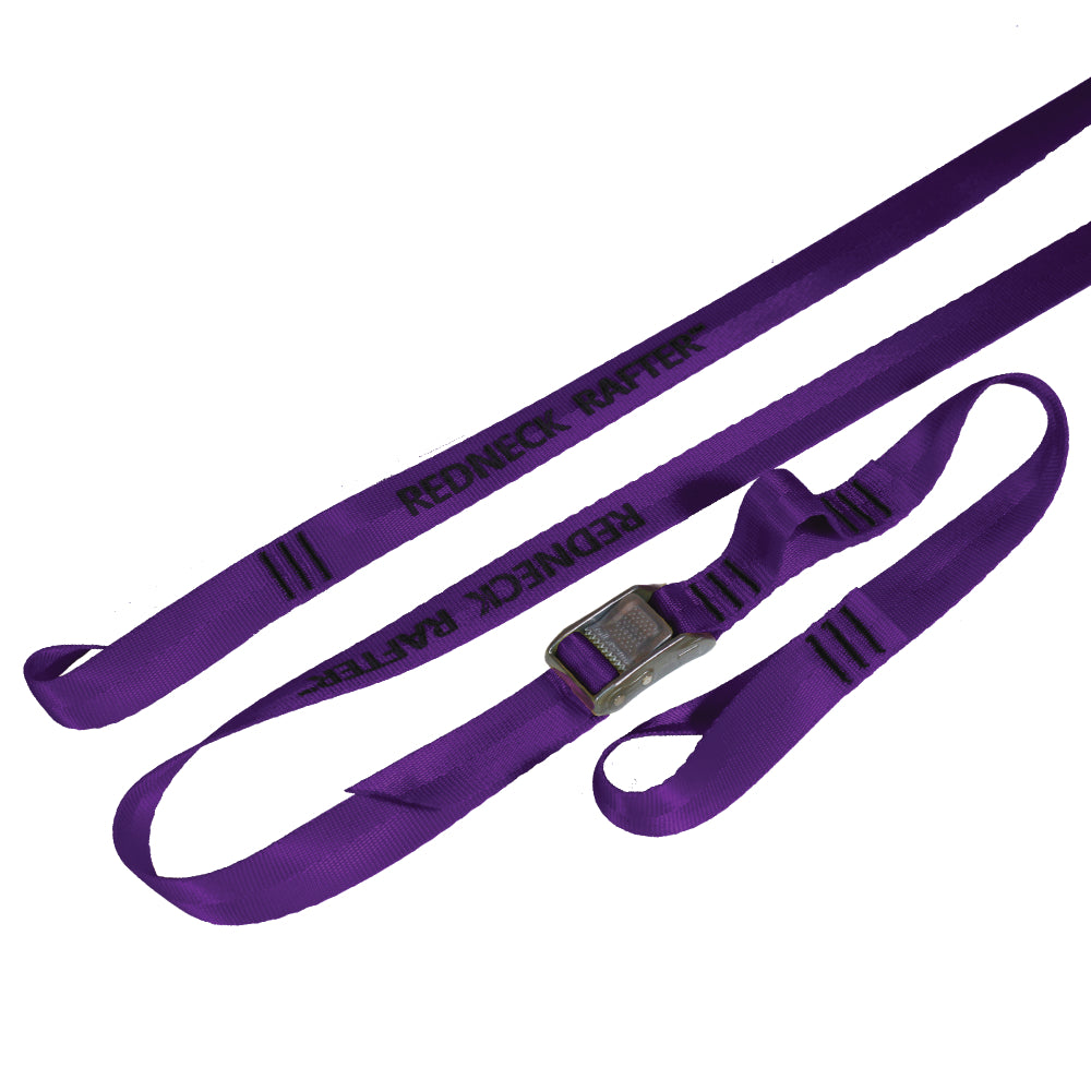 Product photo of one set of loop end tie down cam strap on white background. Cam strap is purple and features a roller cam buckle