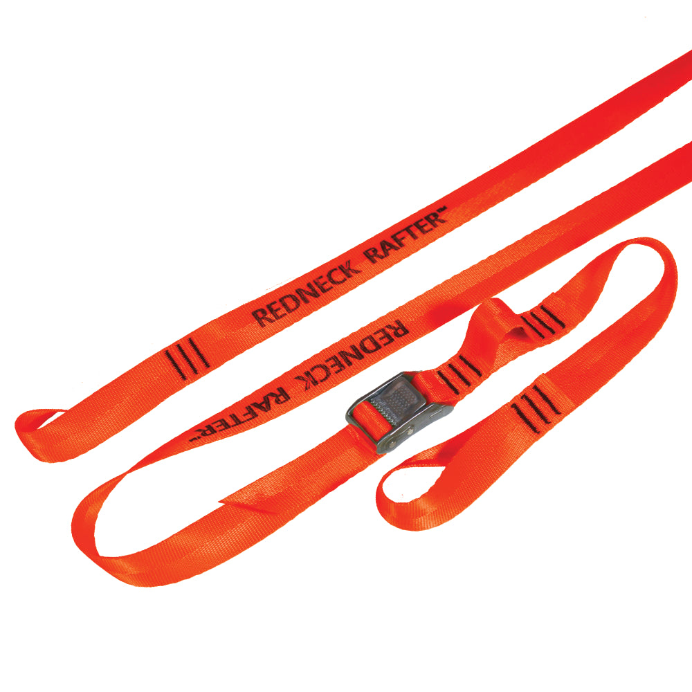 Product photo of one set of loop end tie down cam strap on white background. Cam strap is red-orange and features a roller cam buckle