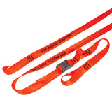 Product photo of one set of loop end tie down cam strap on white background. Cam strap is red-orange and features a roller cam buckle