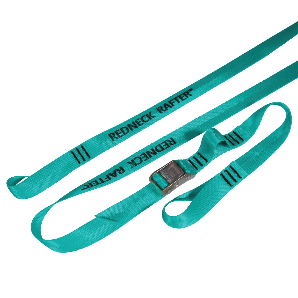 Product photo of one set of loop end tie down cam strap on white background. Cam strap is teal in color and features a roller cam buckle