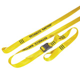 Product photo of one set of loop end tie down cam strap on white background. Cam strap is yellow in color and features a roller cam buckle
