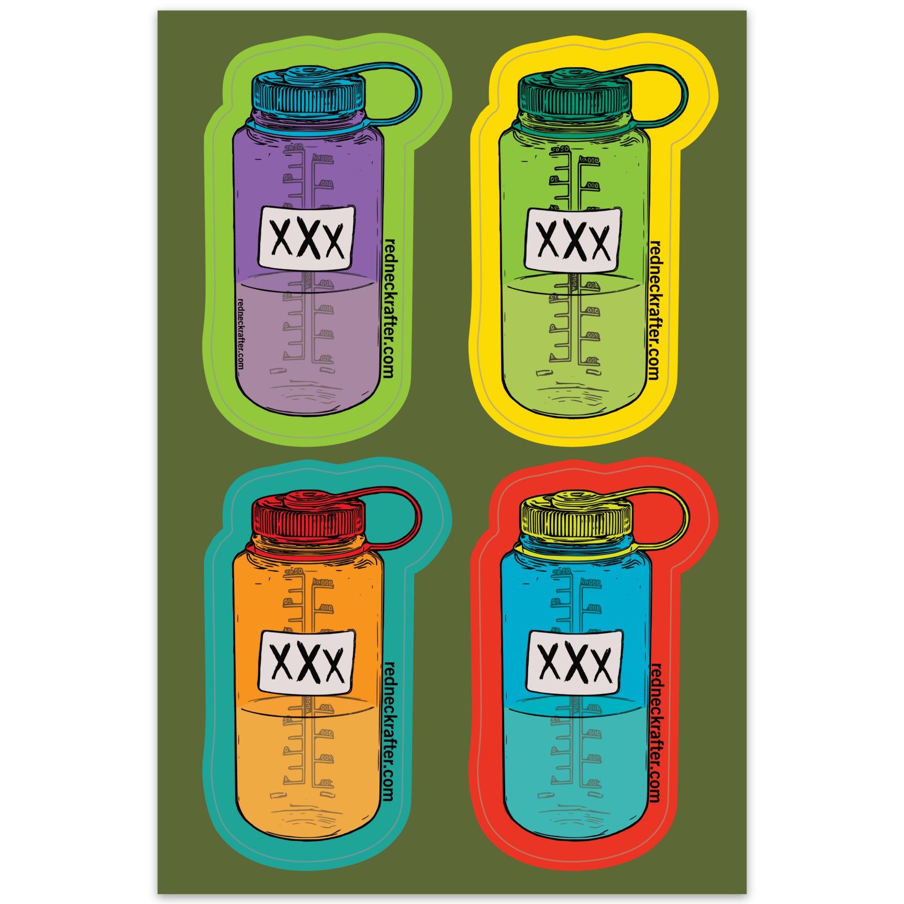 4 inch by 6 inch sticker sheet with 4 stickers of moonshine in a nalgene bottle