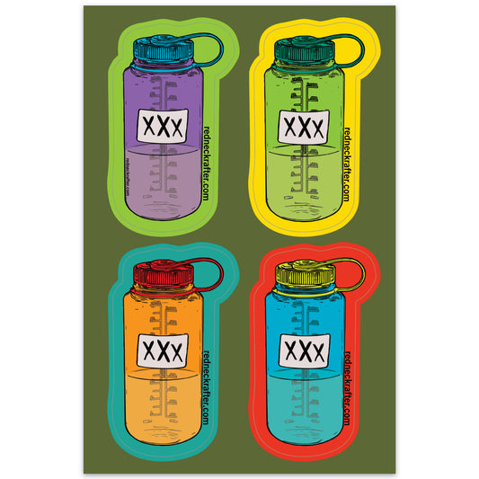 4 inch by 6 inch sticker sheet with 4 stickers of moonshine in a nalgene bottle