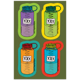 4 inch by 6 inch sticker sheet with 4 stickers of moonshine in a nalgene bottle