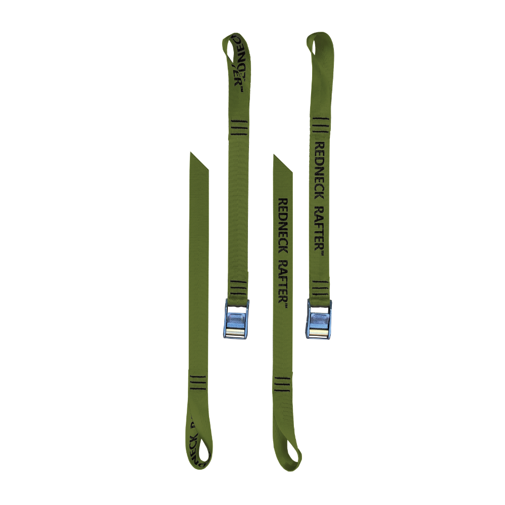 A product photo of a pair of oar tether with olive drab 1" polyester webbing, rollercam buckles, and looped ends