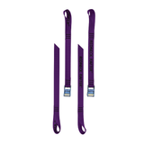 A product photo of a pair of oar tether with purple 1" polyester webbing, rollercam buckles, and loop ends